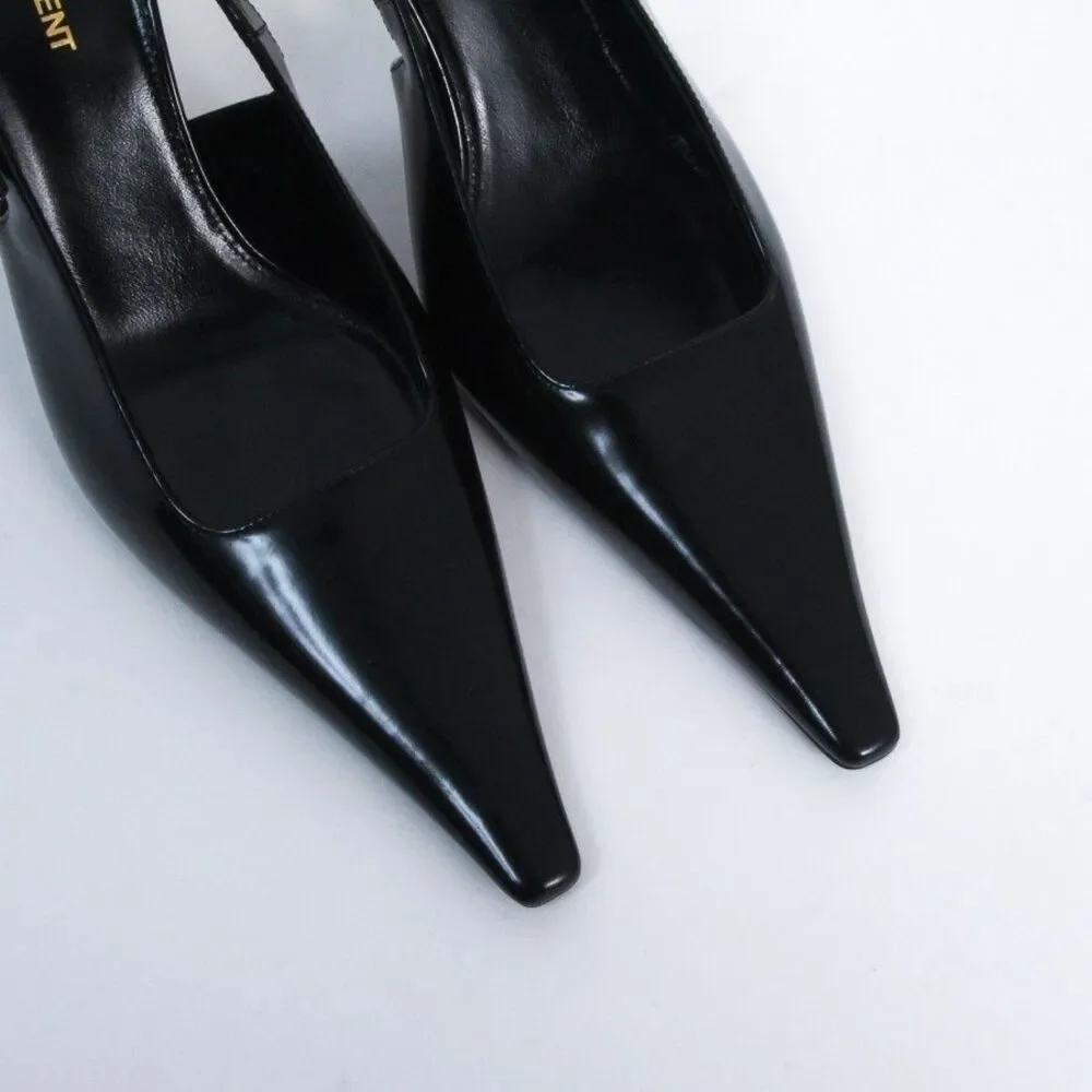 Saint Laurent YSL Lee Slingback Pumps Black Leather Gold Heel Shoes 39.5 NIB